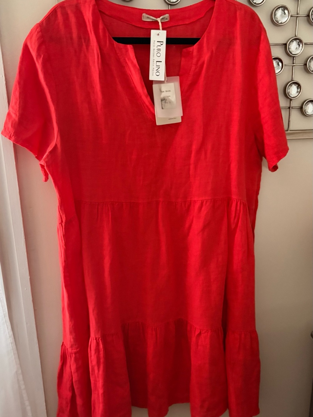 Puro Lino Red Linen Tiered Dress